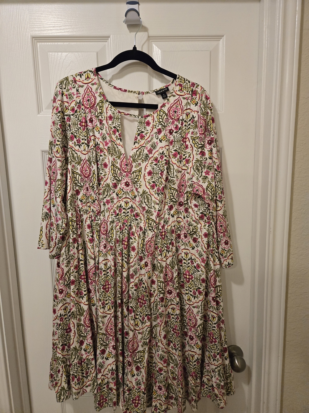 torrid Cream Floral Keyhole Tiered Mini Dress with Pink and Green Print